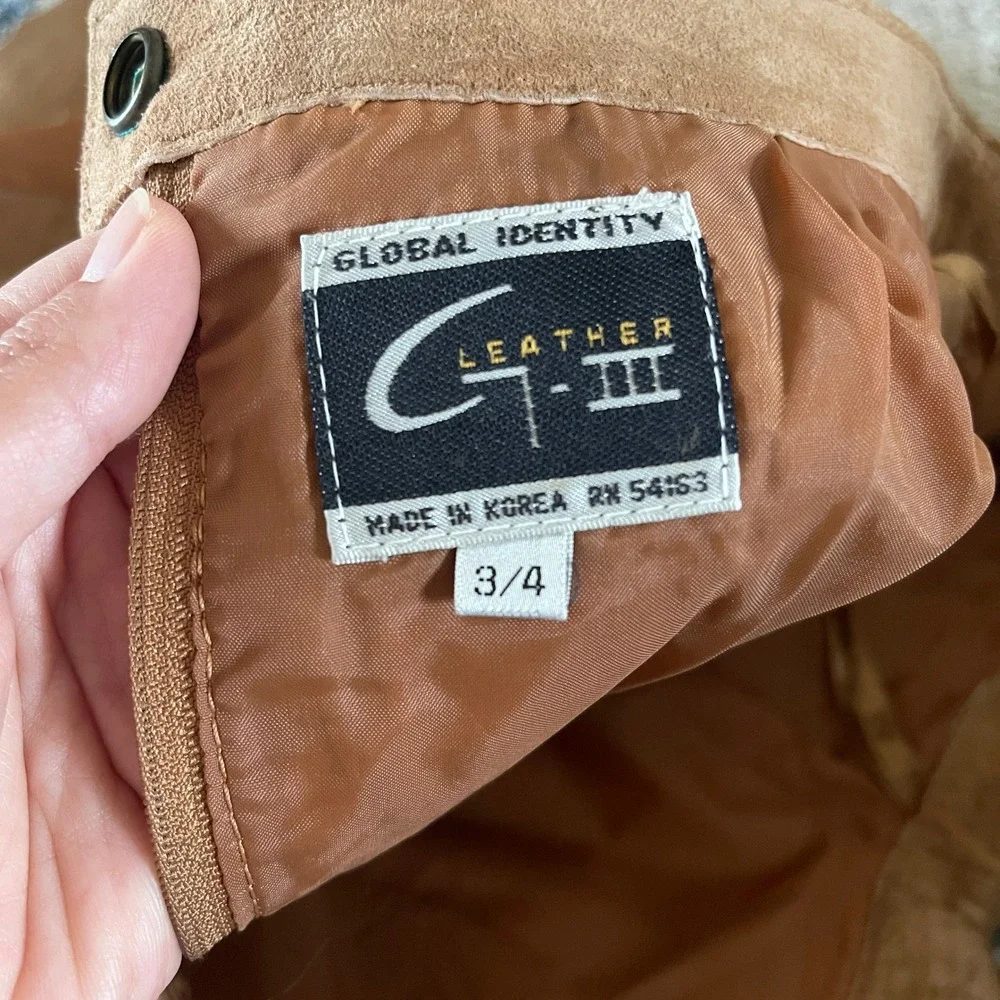 Vintage 90s Global Identity Leather London Tan Brown‎ Suede Mini Skirt Size 3/4 - Picture 6 of 9